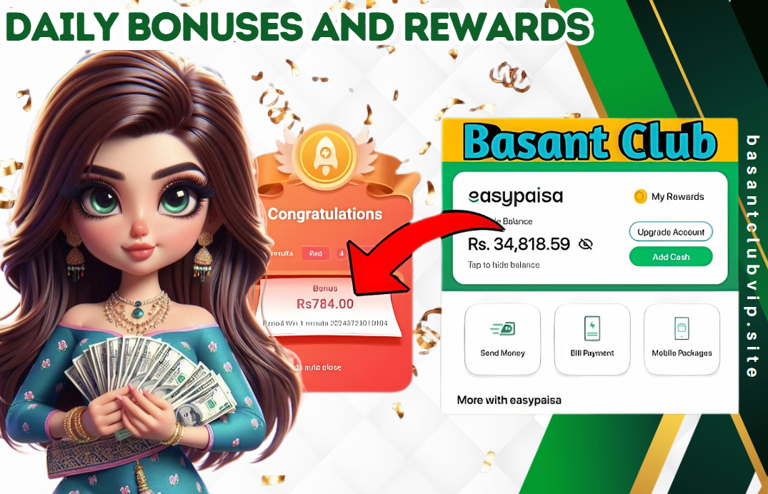 A promotional image for Basant Club Game featuring a smiling woman in a gold dress holding a fan of U.S. dollar bills. Two smartphones display the Basant Club app interface, showing game options like Aviator, Color Game, and VIP rewards. The text reads: "BASANT CLUB GAME: PLAY AND WIN REAL CASH TODAY" with the website link "basantclubvip.site" on the side.