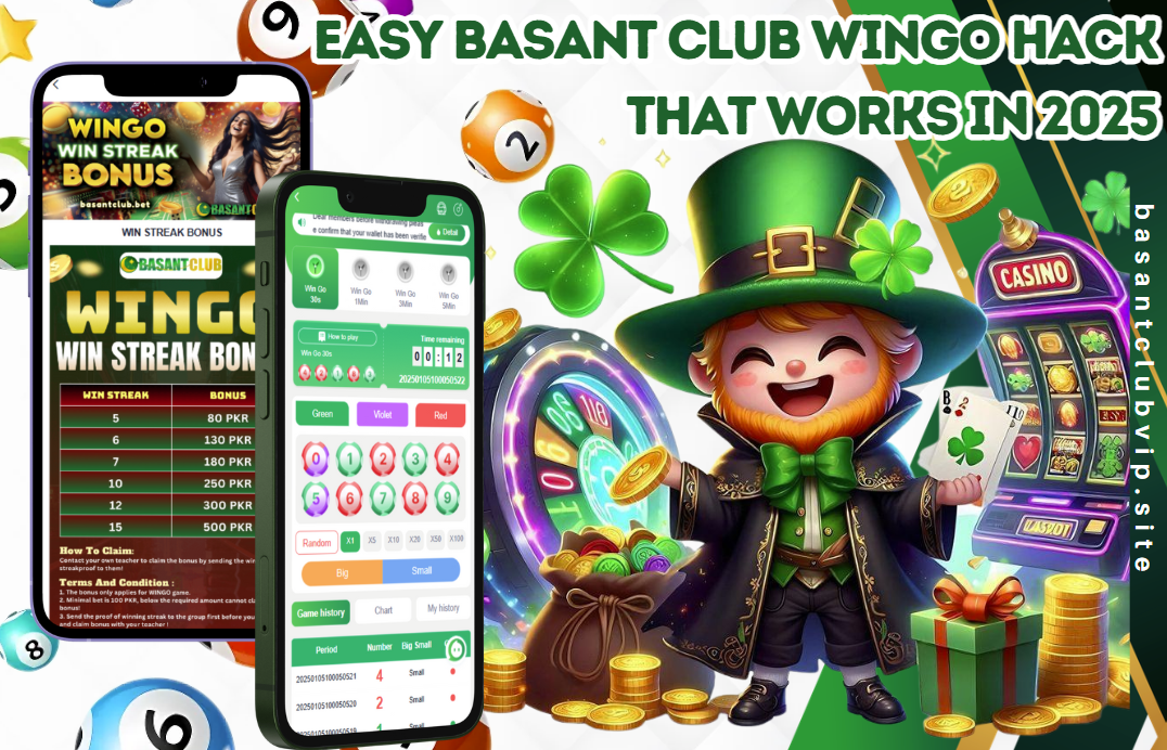 A colorful promotional image for "Basant Club Wingo Hack 2025" featuring two smartphones displaying the Basant Club Wingo game interface and win streak bonus chart. A cheerful cartoon leprechaun stands beside a glowing slot machine, holding shamrock playing cards and gold coins, surrounded by symbols of luck like clovers, bingo balls, and a pot of gold. The website "basantclubvip.site" is displayed vertically on the right.