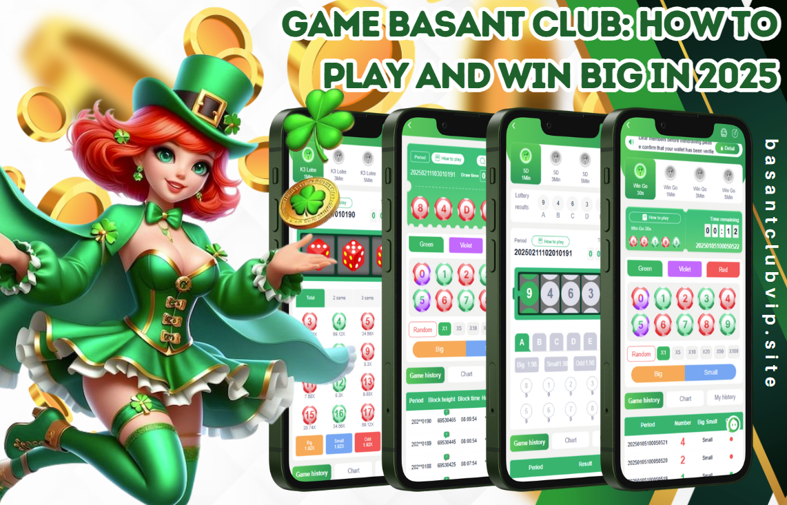 Colorful promotional graphic for "Game Basant Club: How to Play and Win Big in 2025," featuring a cheerful animated character in green, gold coins, and mobile screens showing the Basant Club gaming app interface.