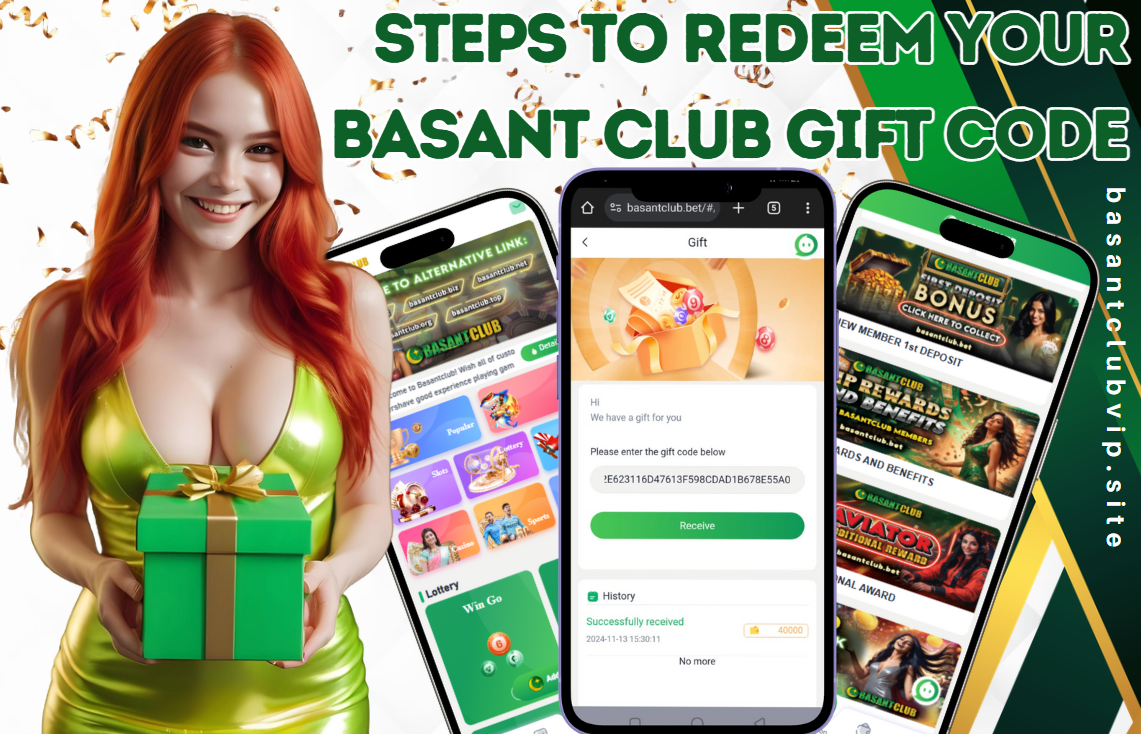 A promotional image for Basant Club showing a mobile phone screen with a gift code redemption page, a woman in a shiny golden dress, and rewards banners from the Basant Club app. The text on the image reads: "BASANT CLUB GIFT CODE: HOW TO GET FREE REWARDS TODAY!" with the website basantclubvip.site displayed vertically on the right.