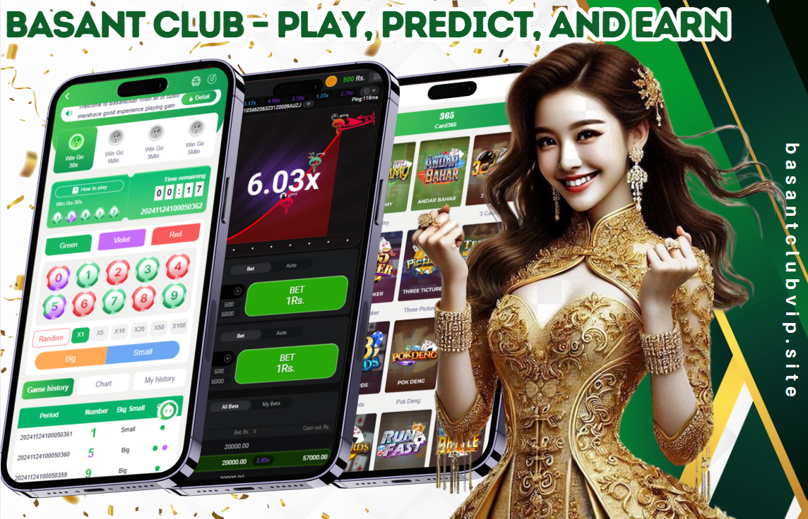 A promotional banner for Basant Club featuring a cheerful woman in a golden dress, three smartphone screens displaying different online games (Win Go, Aviator, and card games), and bold text that reads "BASANT CLUB = PLAY, PREDICT, AND EARN". The banner also includes the website link: basantclubvip.site.