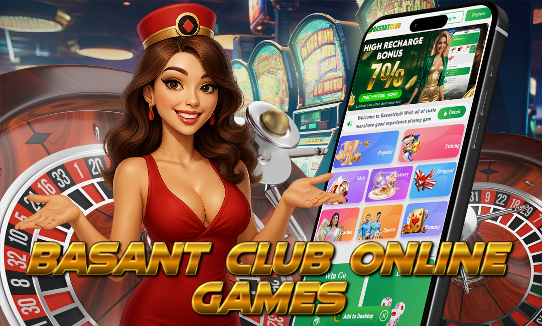 A digital illustration of a glamorous casino hostess in a red dress standing beside a large smartphone displaying the Basant Club online gaming app interface. The background includes slot machines and a roulette wheel. Bold golden text reads "BASANT CLUB ONLINE GAMES."