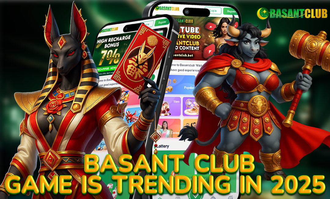 Mythical warrior characters stand in front of mobile screens showcasing the Basant Club gaming platform, with bold text reading "BASANT CLUB GAME IS TRENDING IN 2025."