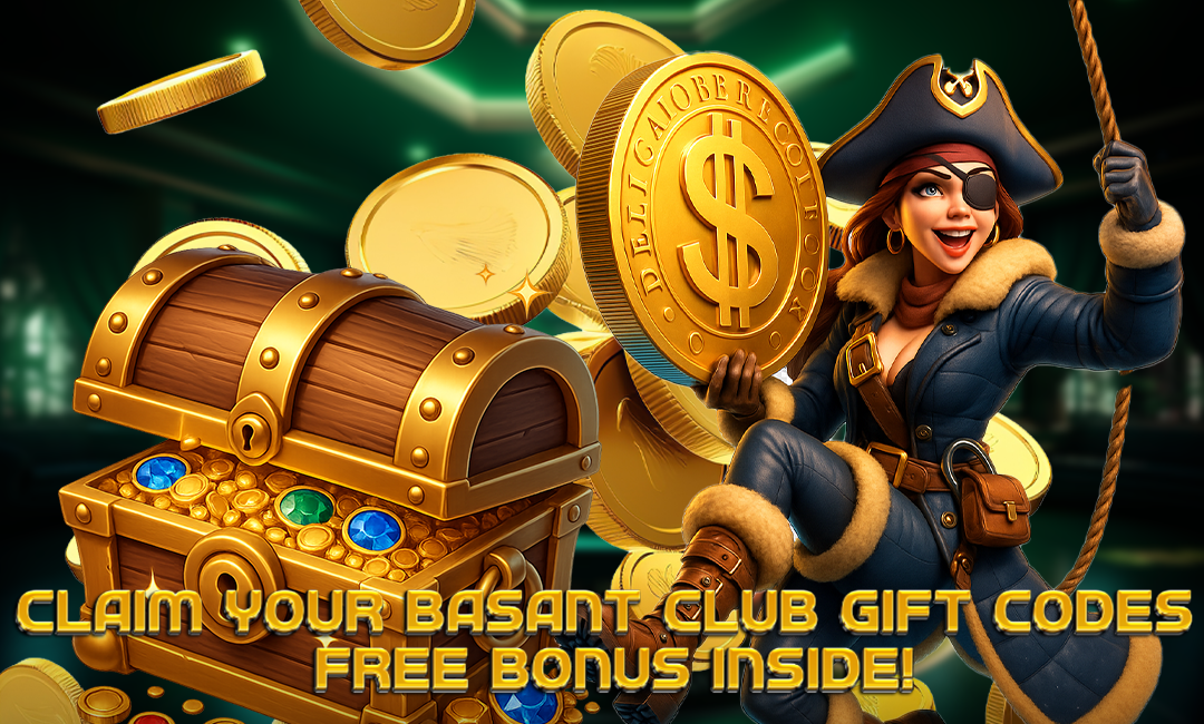 Animated female pirate in winter gear holding a giant gold coin, next to a treasure chest overflowing with gold and gems. Text reads, “Claim Your Basant Club Gift Codes – Free Bonus Inside!”