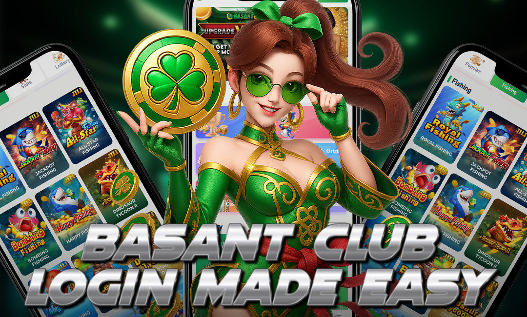 A vibrant promotional image for Basant Club featuring a stylish animated woman in a green outfit holding a gold clover coin, with mobile screens showing colorful game icons in the background. Bold text reads "BASANT CLUB LOGIN MADE EASY."