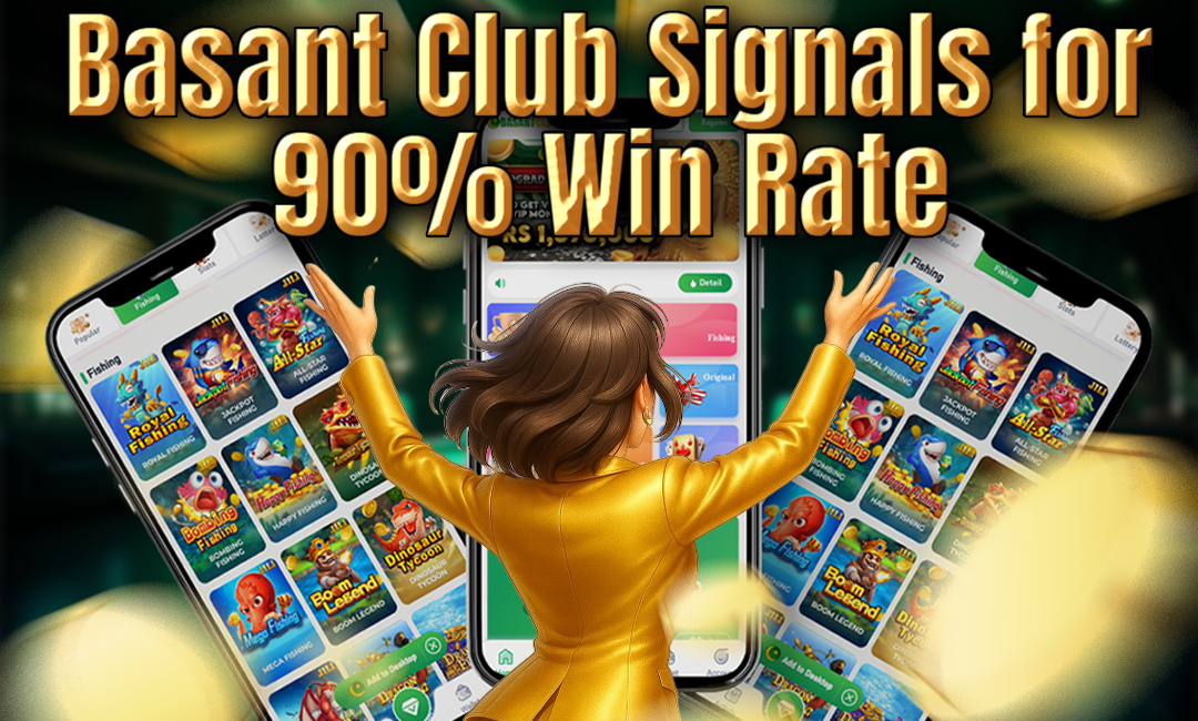A character in a shiny gold outfit raises their arms in excitement in front of three smartphone screens displaying the Basant Club game interface. Bold text at the top reads “Basant Club Signals for 90% Win Rate.”