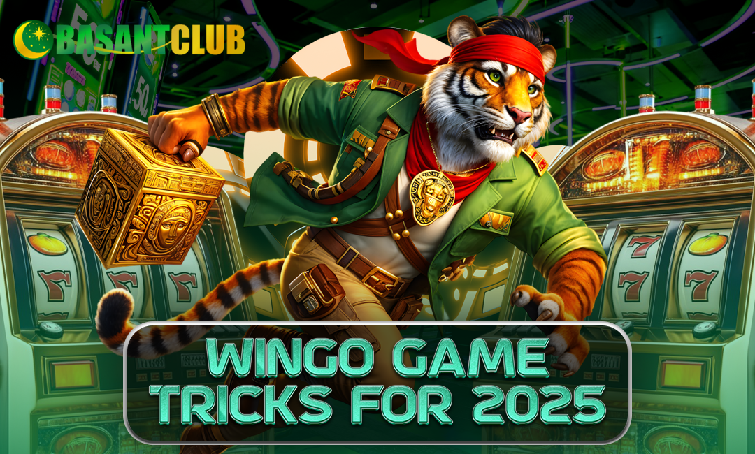 Stylized tiger in adventurer gear holding a golden cube, standing in front of slot machines with the Basant Club logo and the text “Wingo Game Tricks for 2025.”