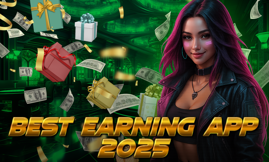 A confident young woman with vibrant hair stands in a neon-lit room, surrounded by floating dollar bills and wrapped gift boxes. Bold text reads "Best Earning App 2025."