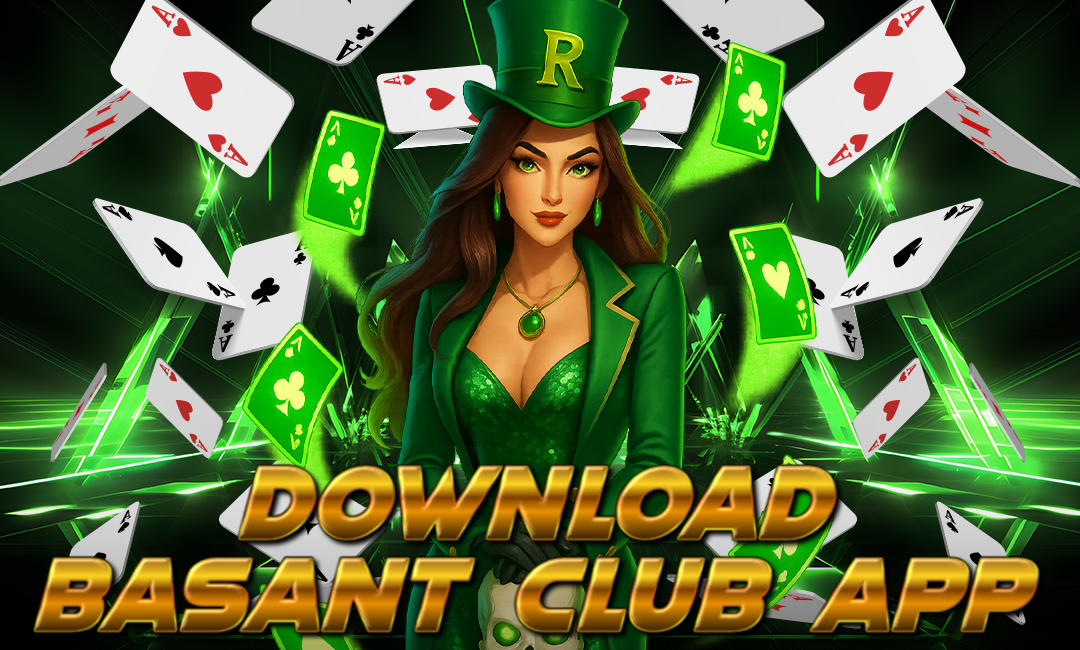 A stylish woman in a green outfit and top hat stands confidently in the center, surrounded by flying playing cards. Bold golden text at the bottom reads "Download Basant Club App."
