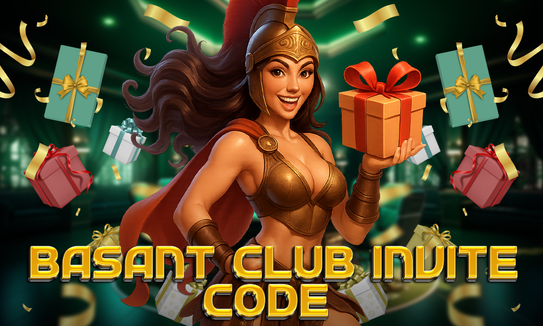 A cheerful warrior woman in gold armor and a red cape holds a wrapped gift box with a red ribbon. She is surrounded by colorful floating presents and gold confetti. Bold gold text at the bottom reads: "BASANT CLUB INVITE CODE."