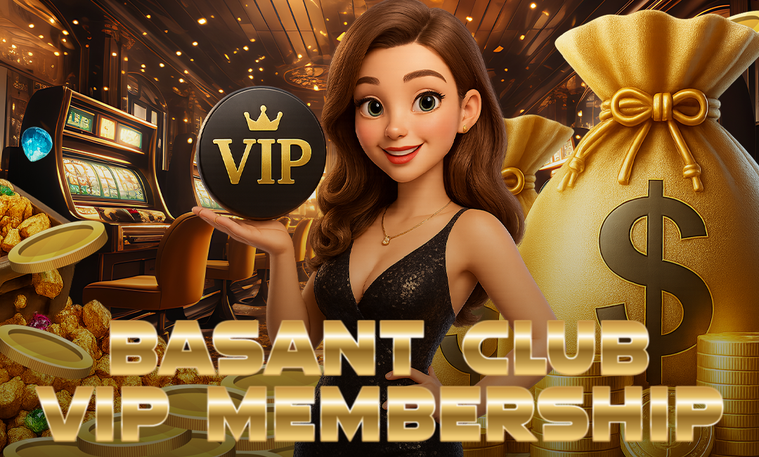 A smiling animated woman in a black dress holds a VIP badge inside a luxurious casino setting with slot machines, gold coins, and money bags in the background. The text "Basant Club VIP Membership" is displayed in bold golden letters.