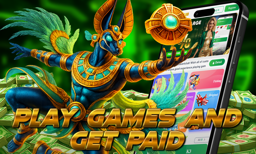 A vibrant promotional graphic featuring a mythological Egyptian-inspired character in golden armor holding a glowing orb, with the text "basant club download PLAY GAMES AND GET PAID " in bold gold letters. A smartphone screen displays a gaming app interface, surrounded by stacks of money.