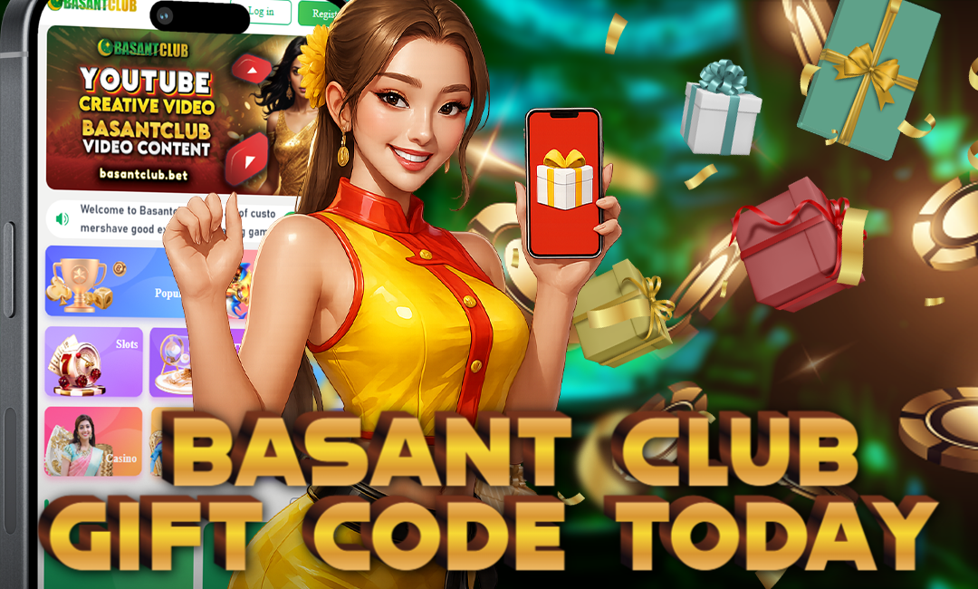 Smiling woman in a red and yellow outfit holding a phone with a gift box icon, standing beside the Basant Club Giftcode app interface with floating presents in the background.