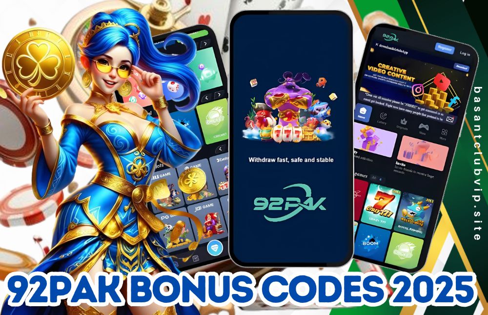 Colorful promotional image for 92PAK Bonus Codes 2025 featuring a fantasy-themed female character in blue and gold, two smartphones displaying the 92PAK app interface with games and bonuses, and the website link "basant-clubvip.site" on the side.